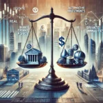 A visual representation of portfolio diversification through alternative investments using a balanced scale with various symbols.